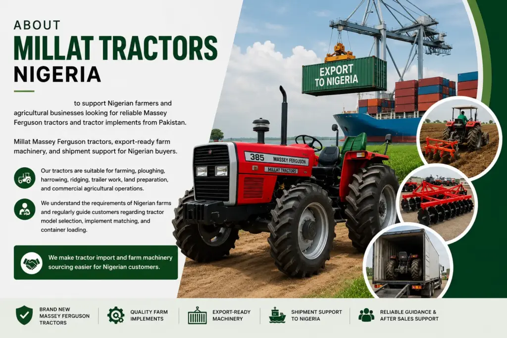 About Millat Tractors Nigeria showing Massey Ferguson tractor, farm implements, container loading, and shipment support for Nigerian farmers
