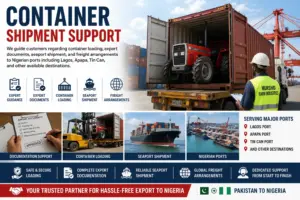 Container shipment support for Massey Ferguson tractors from Pakistan to Nigeria including container loading, export documents, seaport shipment and freight arrangements to Lagos, Apapa and Tin Can ports