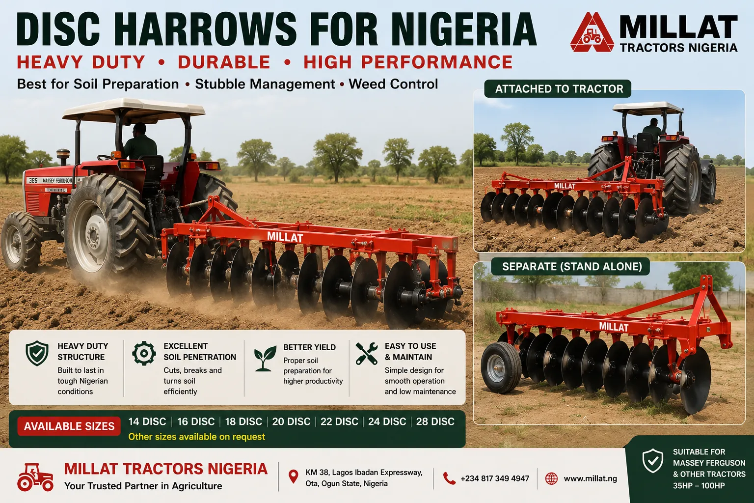 Heavy duty disc harrows for Nigeria shown attached with Massey Ferguson tractor and as standalone farm implements