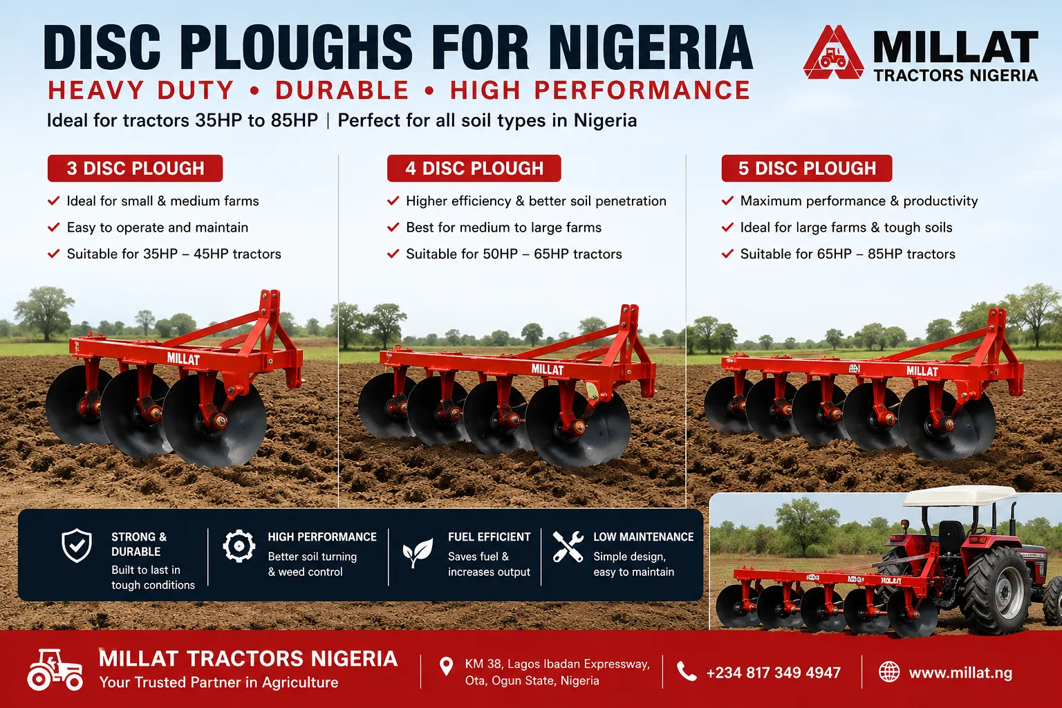 3 disc, 4 disc and 5 disc heavy duty disc ploughs for tractors in Nigeria by Millat Tractors Nigeria