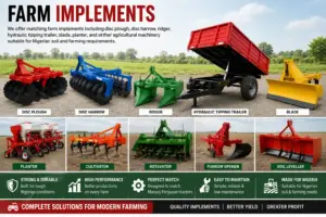 Farm implements for Nigerian farming including disc plough, disc harrow, ridger, hydraulic tipping trailer, blade, planter, cultivator and rotavator for Massey Ferguson tractors