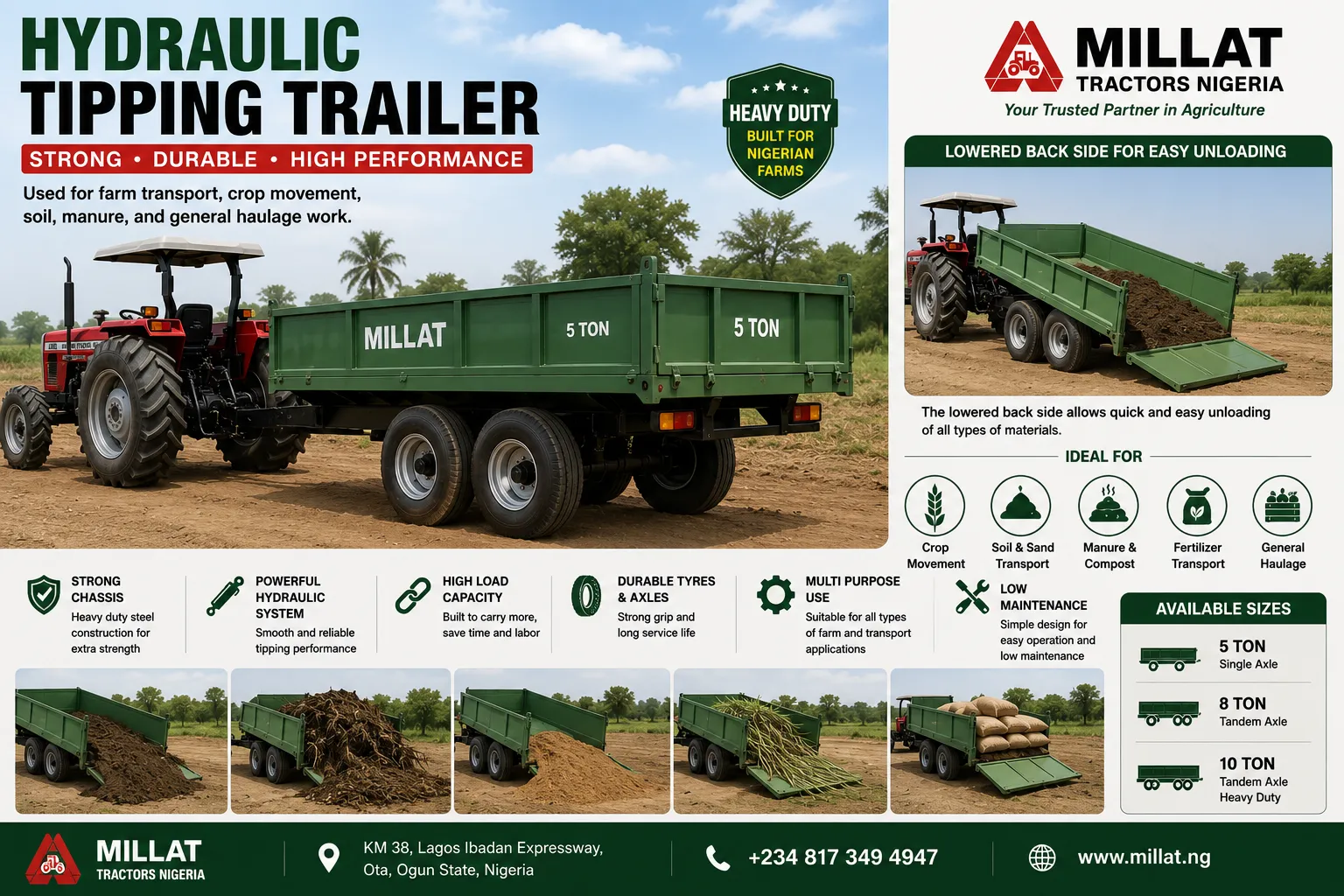 Hydraulic tipping trailer for Nigeria attached with tractor for farm transport, crop movement, soil, manure and general haulage work