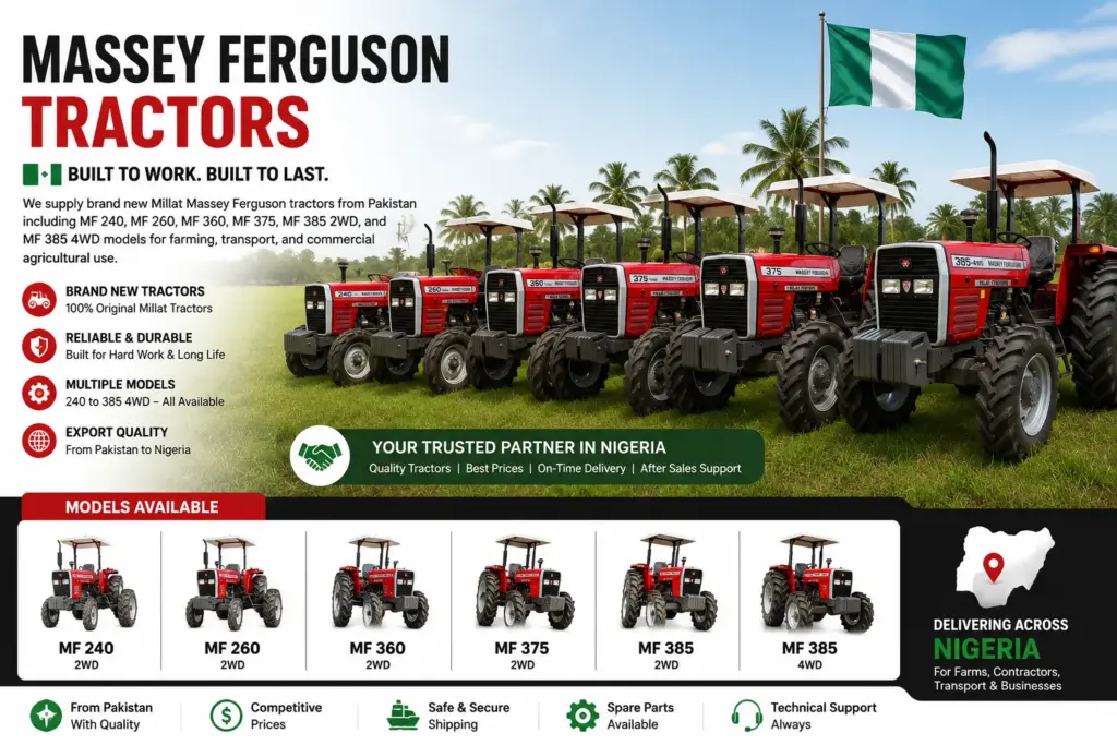 Brand new Millat Massey Ferguson tractors from Pakistan including MF 240, MF 260, MF 360, MF 375, MF 385 2WD and MF 385 4WD for farming and commercial agriculture in Nigeria