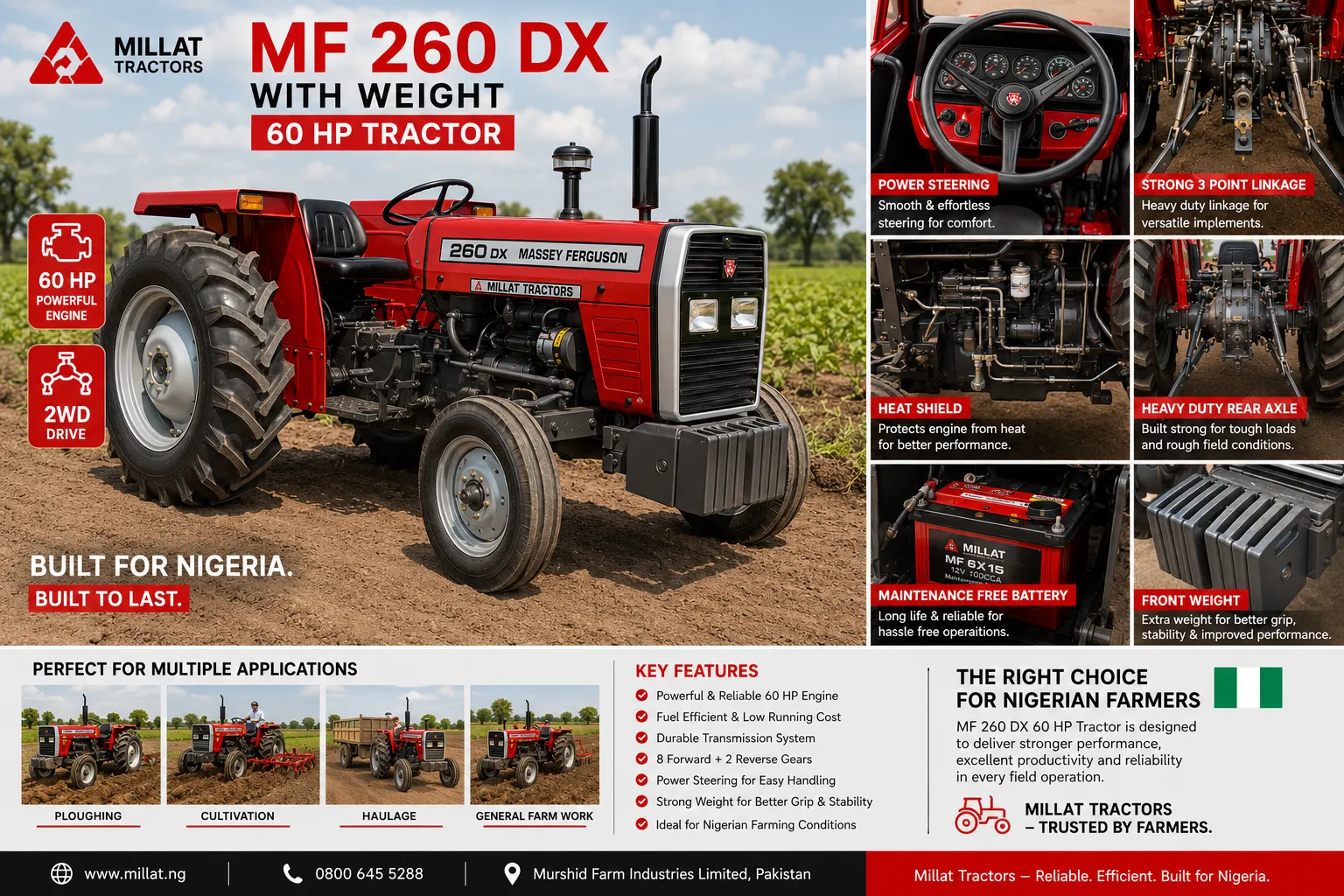 MF 260 DX with Weight 60 HP tractor for sale in Nigeria by Millat Tractors