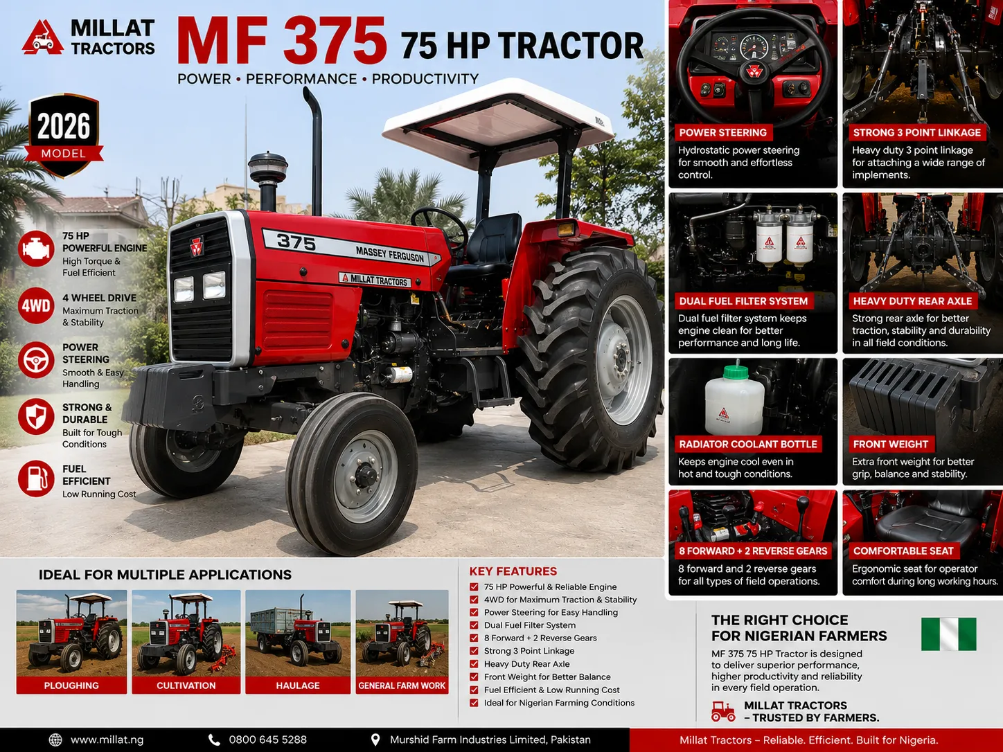 MF 375 75 HP tractor for sale in Nigeria by Millat Tractors