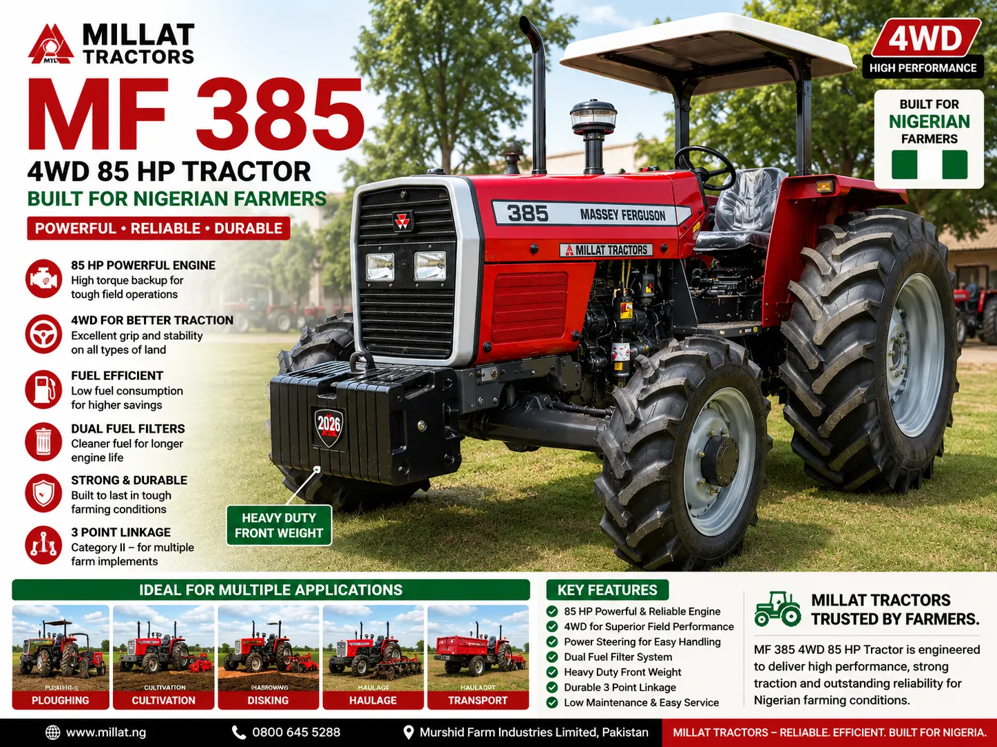 MF 385 4WD 85 HP tractor for sale in Nigeria by Millat Tractors
