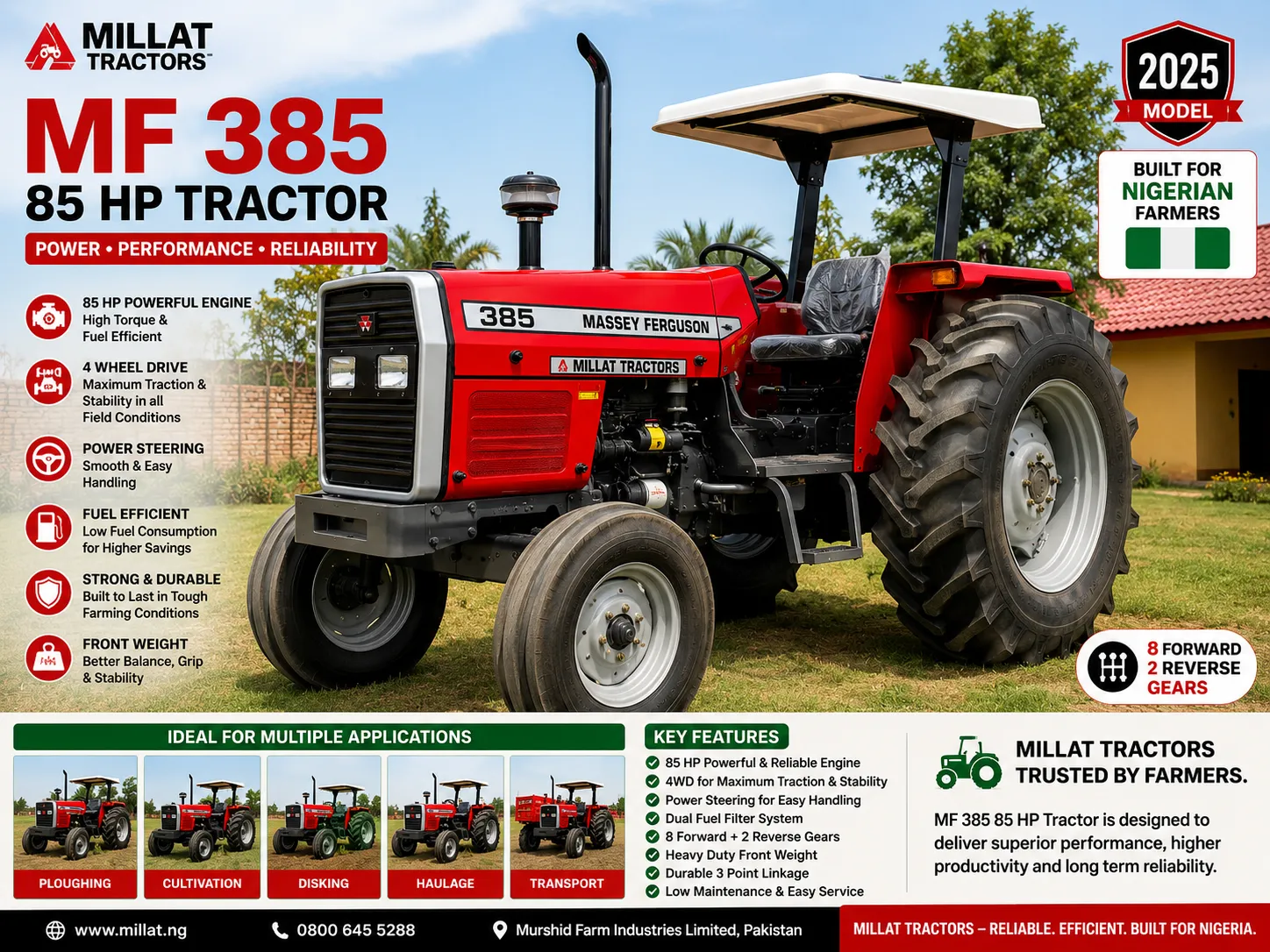 MF 385 2WD 85 HP tractor for sale in Nigeria by Millat Tractors