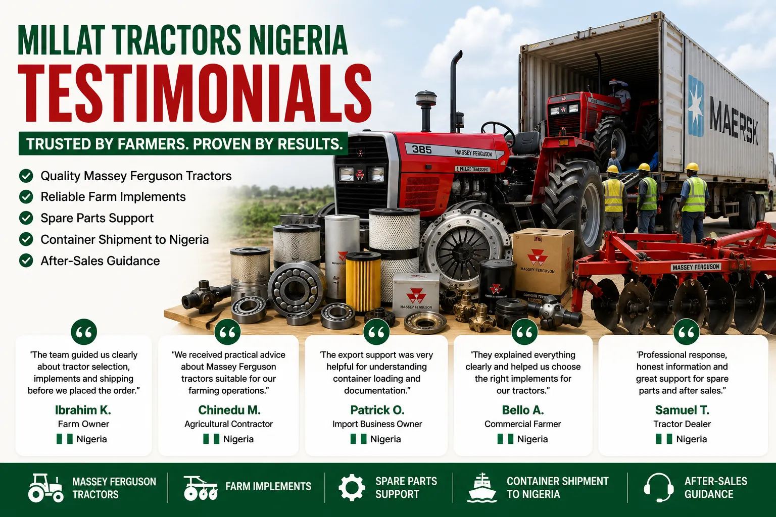 Customer testimonials and export support for Massey Ferguson tractors and farm implements in Nigeria by Millat Tractors Nigeria