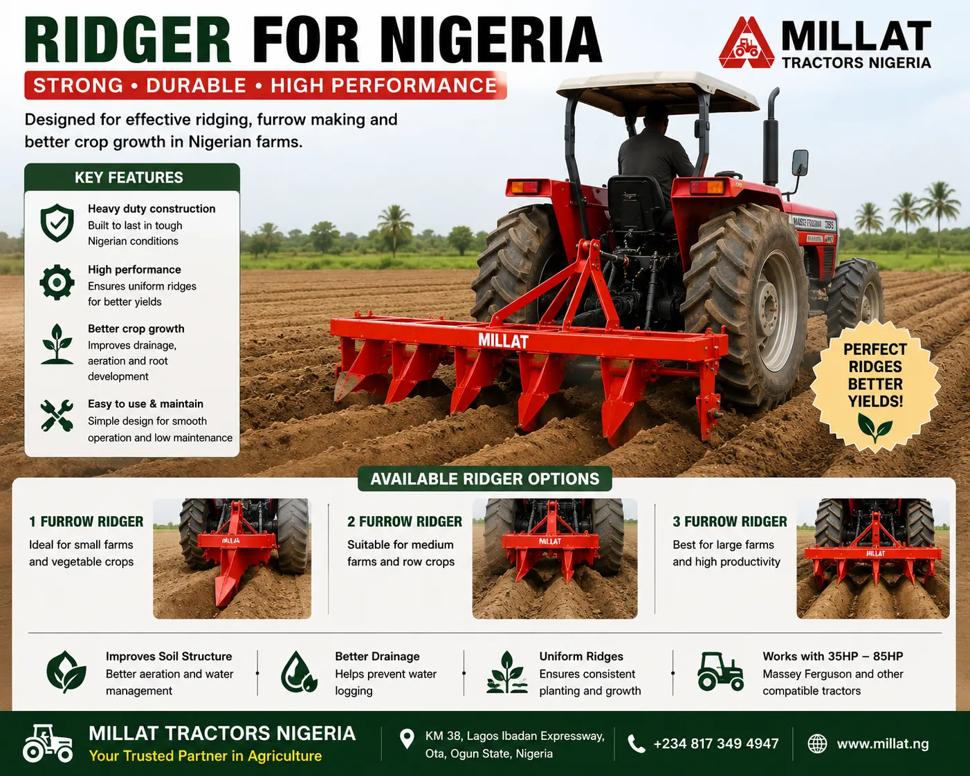 Tractor mounted ridger for Nigeria attached with Massey Ferguson tractor for furrow making and crop ridging
